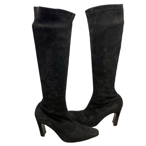 Bergdorf Goodman Black Suede Stretch Pull On Heeled‎ Tall Boots - Picture 8 of 14